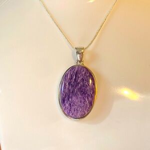 Authentic, huge charoite pendant necklace 925 sterling silver